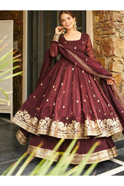 MYSMAR Maroon Crunchy Silk Gown - HRT4696 | Maroon