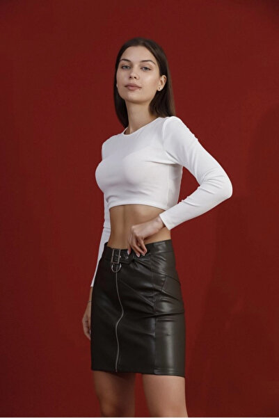 TOPSHOW Women's Faux Leather Mini Skirt, High Waist, Front Zipper, Decorative...