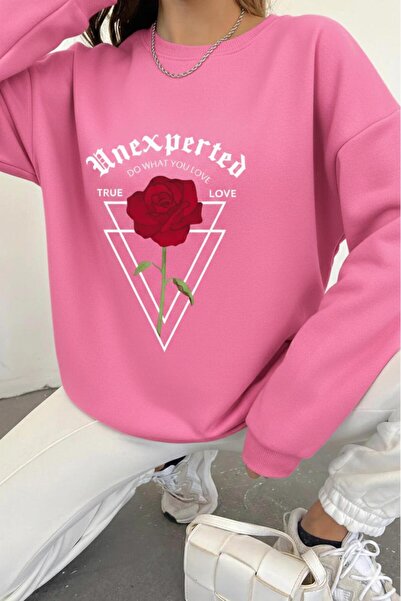 NO 601 Women's Pink Unexpected Printed Hoodless Crew Neck Sweatshirt