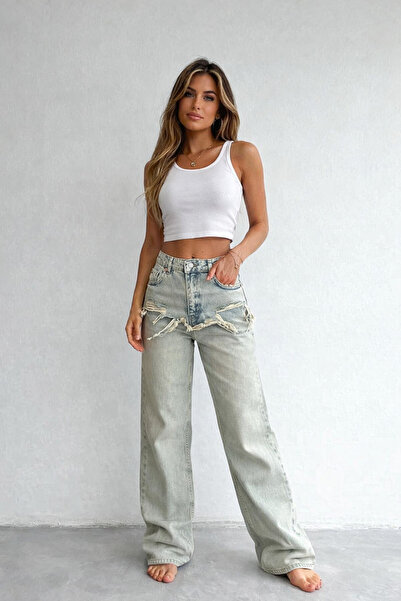 Rabona Fashion Raw Cut Mint Wide Leg Jean