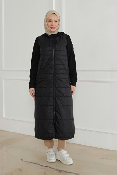 Armine TREND Kapüşonlu Boydan Fermuarlı Kapitone-Siyah 24KT512