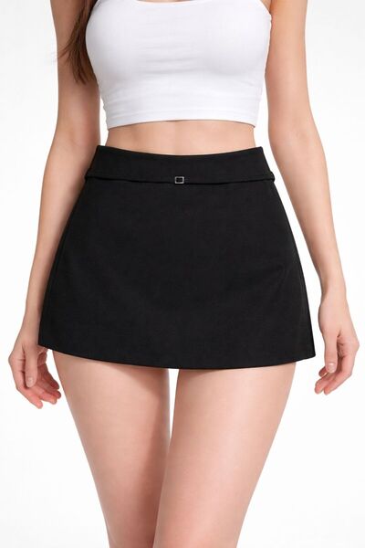 Arfami Women's Black Side Zipper Metal Buckle Belt Detailed Mini Short Skirt