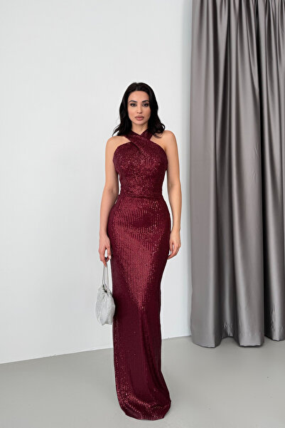 Serica Moda Burgundy Backless Sequined Long Evening Dress
