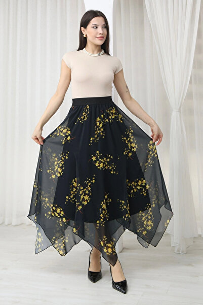 lodmela Ασύμμετρη φούστα σιφόν με ελαστική μέση 6071-Μαύρο / Κίτρινο