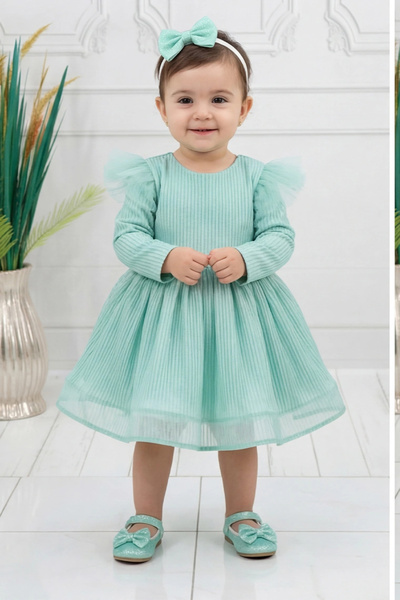 ELLUSSİ Kız Çocuk Su Yeşili Kelebek Payetli Kabarık Elbise