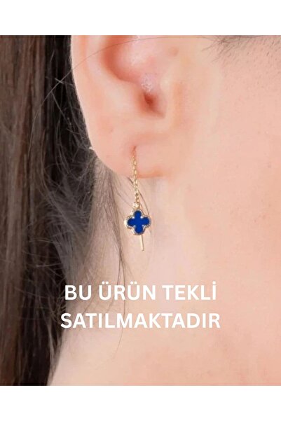 YCL JEWELLERY (TEKLİ) 8 Ayar Altın Lacivert Sallantılı Yonca Küpe