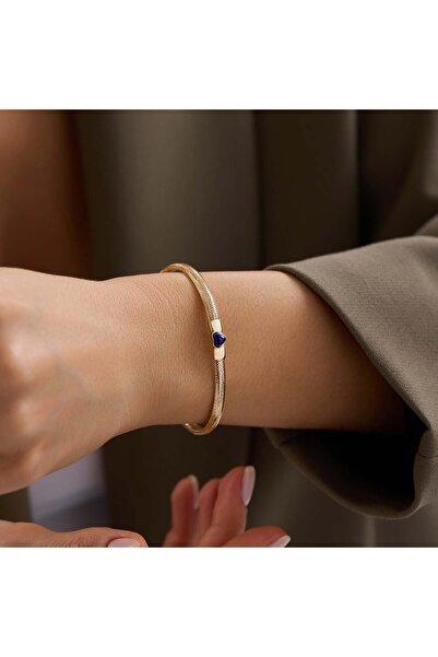 Bayar Gold 14 Ayar Altın İtalyan Lacivert Mineli Kalp Esnek Bilezik