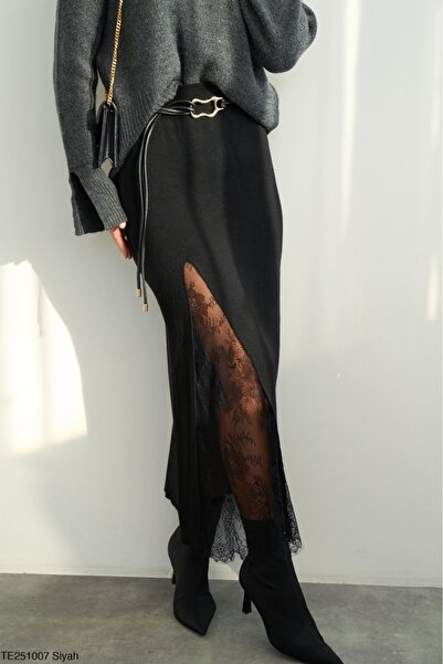 Lupies Kadın Yırtmaçlı Dantel Detaylı Uzun Triko Etek