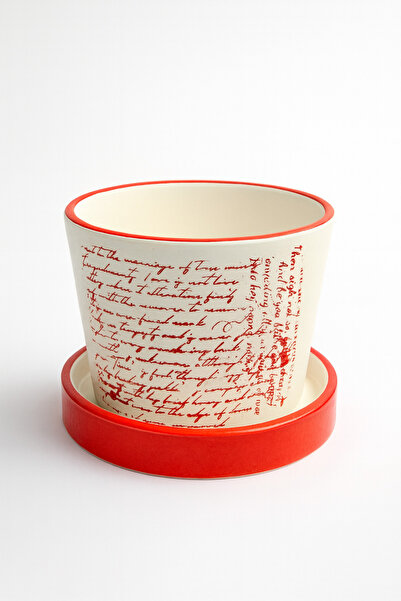 Narizen Home El Yapımı Yazı Desenli Seramik Saksı – Kırmızı Kenarlı Altlıklı ...
