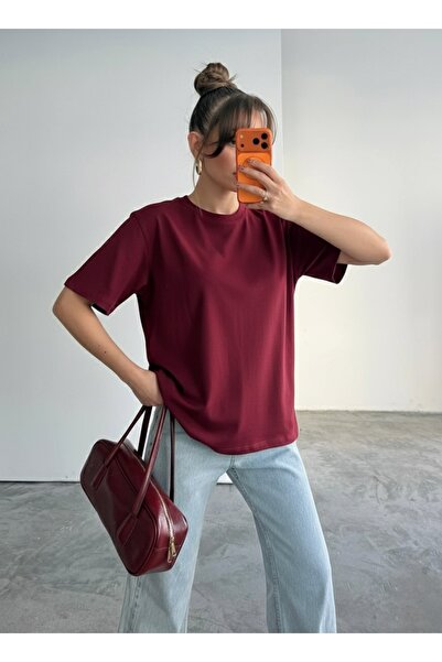 Buteks تي شيرت من القطن الممشط ذو جودة عالية باللون الأحمر الداكن للجنسين، ضي...