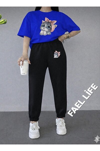 FAEL LİFE Girls'/Boys' Loose Fit T-Shirt and Sweatpants Cat Print Set