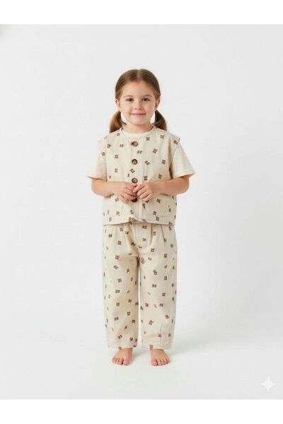La ciel Paris Teddy Bear Patterned Vest/Pants Set