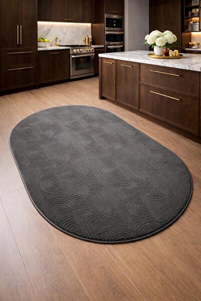 BESELY Koyu gri Bohem Emboss Kabartma Desen Oval Elips Premium Kaymaz Taban Y...