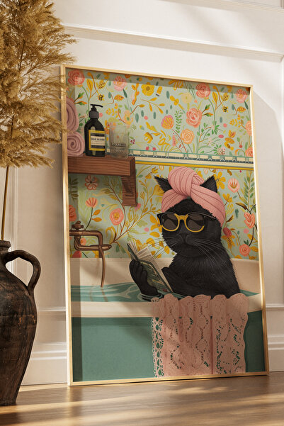 Yoko Home Ahşap Çerçeveli Tablo, Küvette Gazete Okuyan Kedi, Eğlenceli Modern Banyo, Oda, Ofis Duvar Tablosu