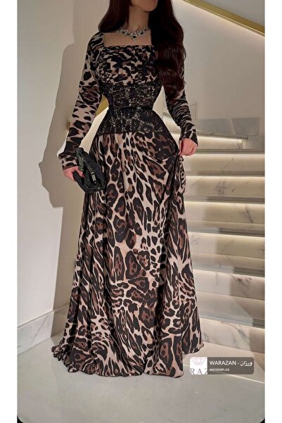 Warazan فستان سهرة طويل ناعم نمري بأكمام طويلة