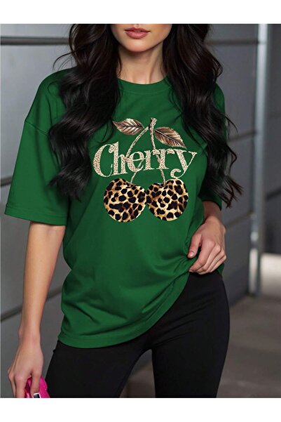 uyguntarz Unisex Leopard Patterned Cherry Printed Design Tshirt