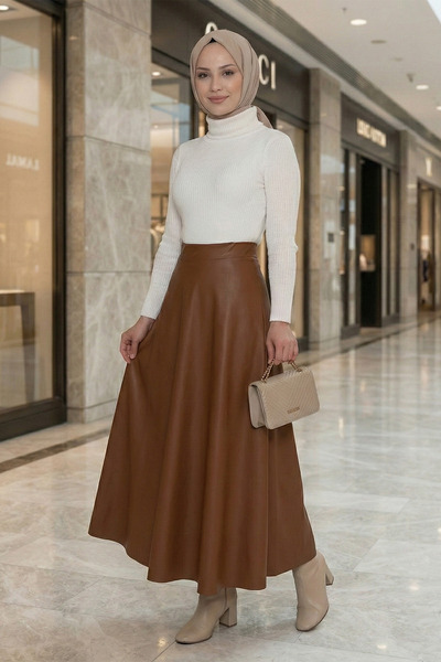 FERHEL Fusta evazată din piele artificială pentru femei - Maro