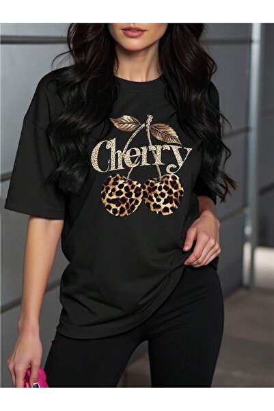 uyguntarz Tricou unisex cu imprimeu leopard și design cu cireșe