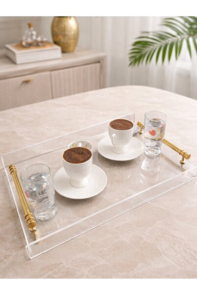PoyrazReklamTasarım Premium Pleksi Tepsi Gold Kulplu – Kahve, Sunum, Düğün, N...
