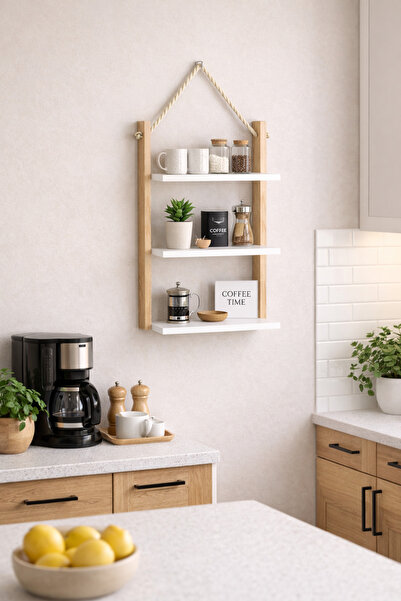 DUDECOR Ahşap Dekoratif 3’lü Halatlı Raf Demonte Ayarlanabilir Duvar Rafı