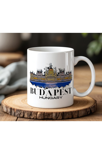 BB TRADE White Ceramic Printed Mug with Budapest Design 330ml