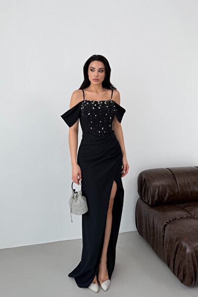 Serica Moda Black Thin Strap Low Sleeve Stone Embellished Evening Dress