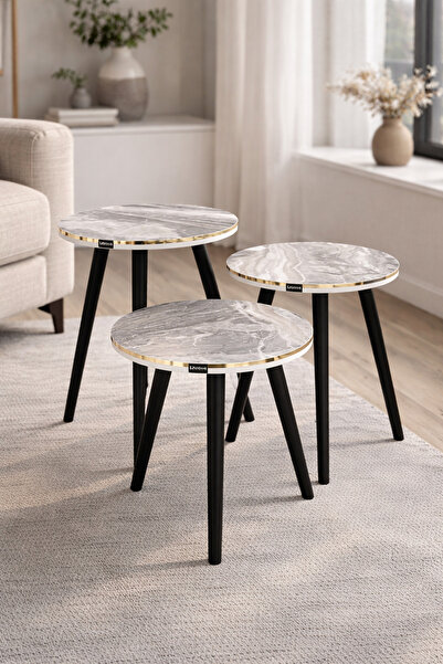 TrentonGCC Set of 3 Marble Nesting Tables Gold Rim Modern Side Coffee Table L...