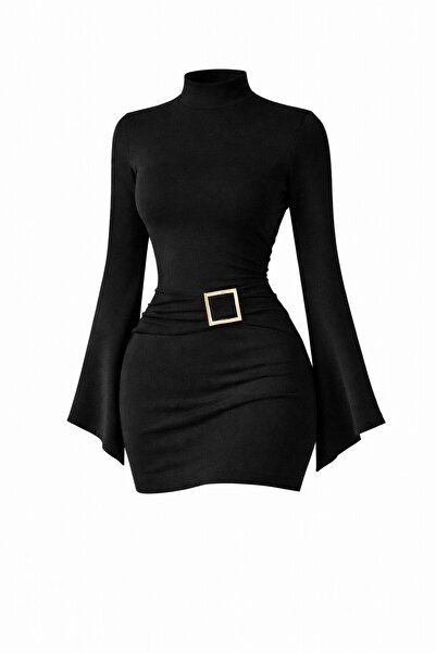 MYCPARL Trend Model Siyah V-İspanyol Kol Dik Yaka Toka Detaylı Toparlayıcı Ka...