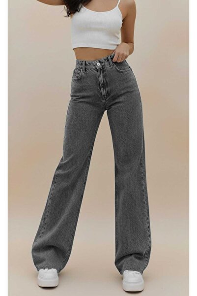 BİENAL BUTİK Sendy Women's Smoked Palazzo Jeans Loose Fit Anthracite Lycra Jeans