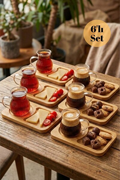 HUBBYCHEF 6lı Bambu Servis Tabaklı Çay Kahve Bardağı 150ml