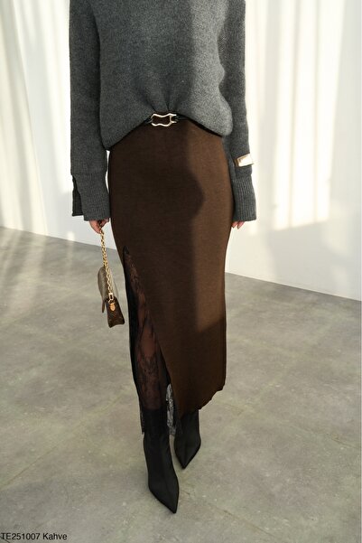 Lupies Kadın Yırtmaçlı Dantel Detaylı Uzun Triko Etek