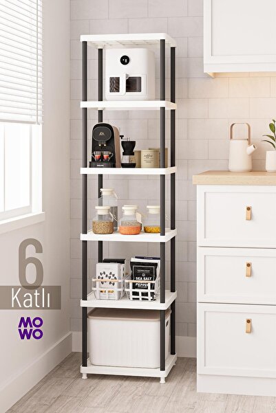 Mowo Home 6 Katlı Beyaz-Siyah Bacak 40x33 Plastik Mutfak Raf Sistemi, Banyo R...