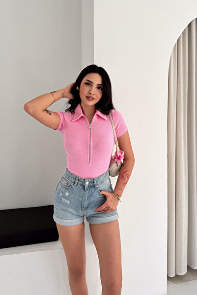 mielva Women's Pink Polo Collar Half Zipper Short Sleeve Blouse