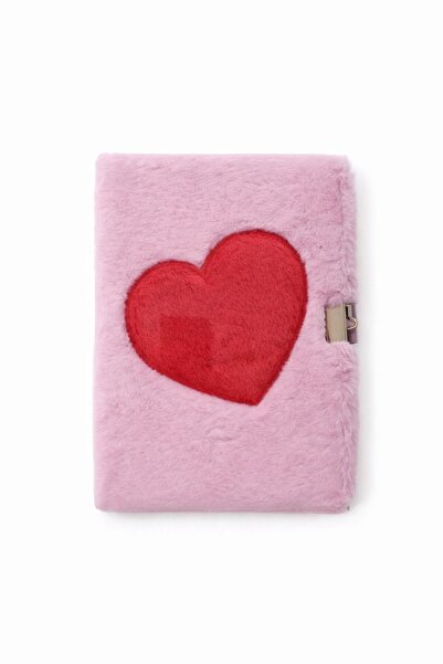Journal Fluffy diary with red heart, notebook with lock, pink plush cover