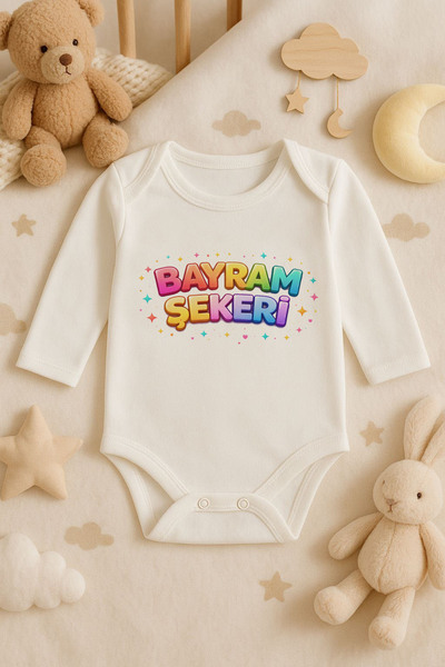 AYDESİGN Eid Candy Printed Cotton Long Sleeve Baby Ecru Bodysuit Undershirt J...