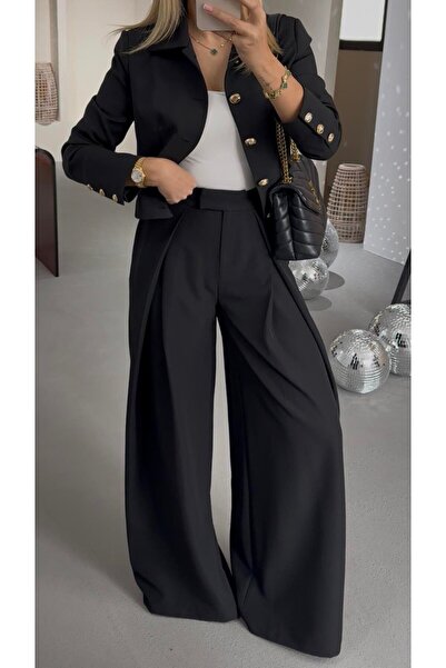 TrendParis Women's Black High Waist Draped Palazzo Pants