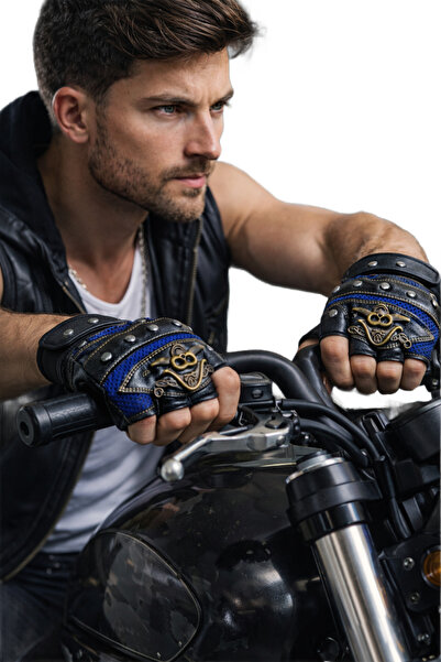 CosmoOutlet Men's Black Navy Half-Finger Biker Gloves with Metal Accessories,...