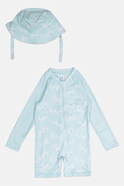 L&J Swim Club طقم ملابس سباحة للأطفال الصغار من قطعتين بطبعة كاملة مع قبعة دل...