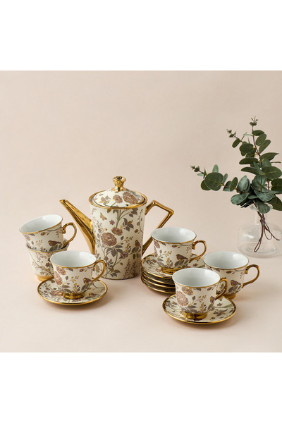 Alina Floral Print 13-Piece Porcelain Cup and Saucer Set with Teapot