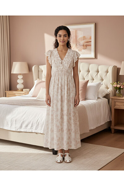 REDTAG Women's Short-Sleeved Nightgown with Embroidered Floral and V Neckline