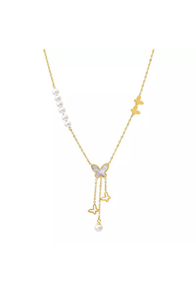 EFAYN.RO Lant dama, pandantive fluturi, accesorii perlute, auriu, EFAYN