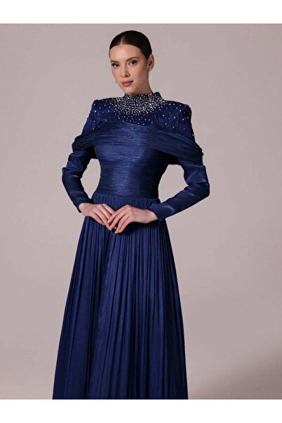 Kenzel Yakası Taş İşlemeli Pliseli Kabarık Tesettür Abiye Elbise