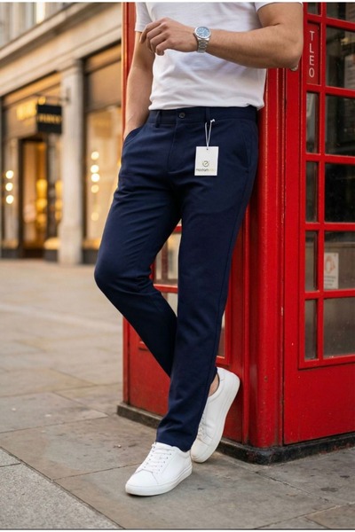 MODAMESTO Men's Navy Blue Slim Fit Stretch Fabric Plain Fabric Trousers