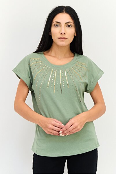 Amara Reya Women Round Neck Short Sleeve Metallic Top, Olive