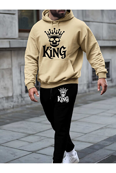 Rayan & Hoor Style King Printed Hooded Tracksuit Set - Hooded Sweatshirt Bott...