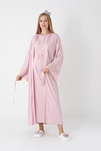 ERDENİZ TEKSTİL Σετ νυχτικών εγκυμοσύνης με μακριά μανίκια και λεπτομέρεια απ...