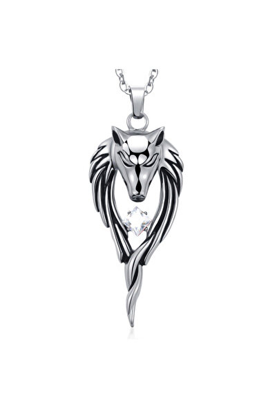 EFAYN.RO Fashion protective chain, wolf head pendant with crystal, unisex, wh...