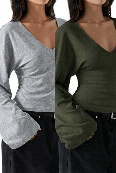 Tarz Cool Дамска блуза с V-образно деколте, дълги ръкави и колан в талията