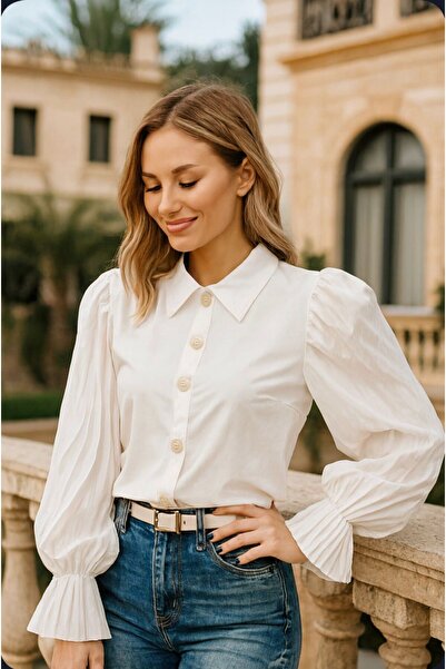Divin store Elegant white blouse with pleated puff sleeves