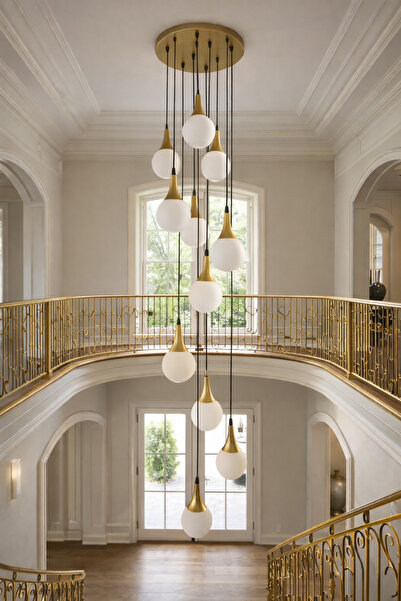 TREND KAFKAS 11’li Camlı Modern statik Gold Sarkıt Avize – Galeri Boşlukların...